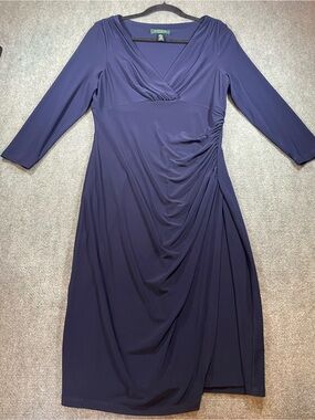 Ralph‎ Lauren Navy Faux-Wrap Midi Dress with Side Ruching